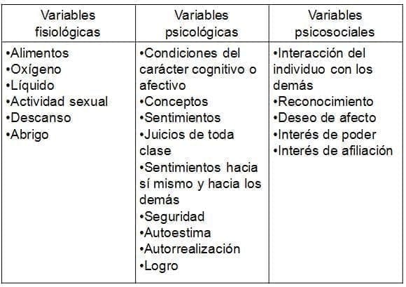 Categorías de las Variables Internas Categorias de las variables internas