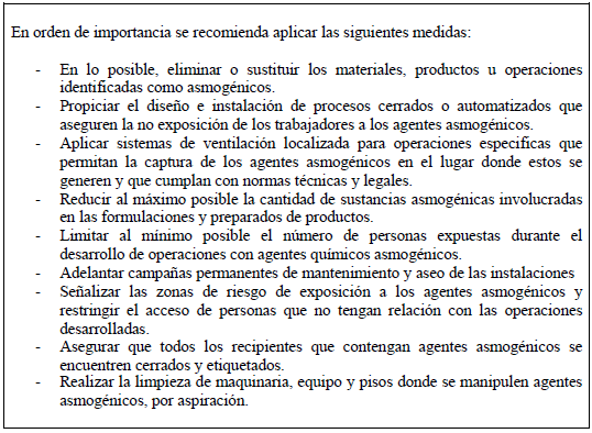 Medidas técnicas y administrativas generales para asma ocupacional Medidas técnicas y administrativas generales para asma ocupacional