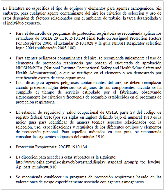 Equipos y elementos de protección para trabajadores, Asma