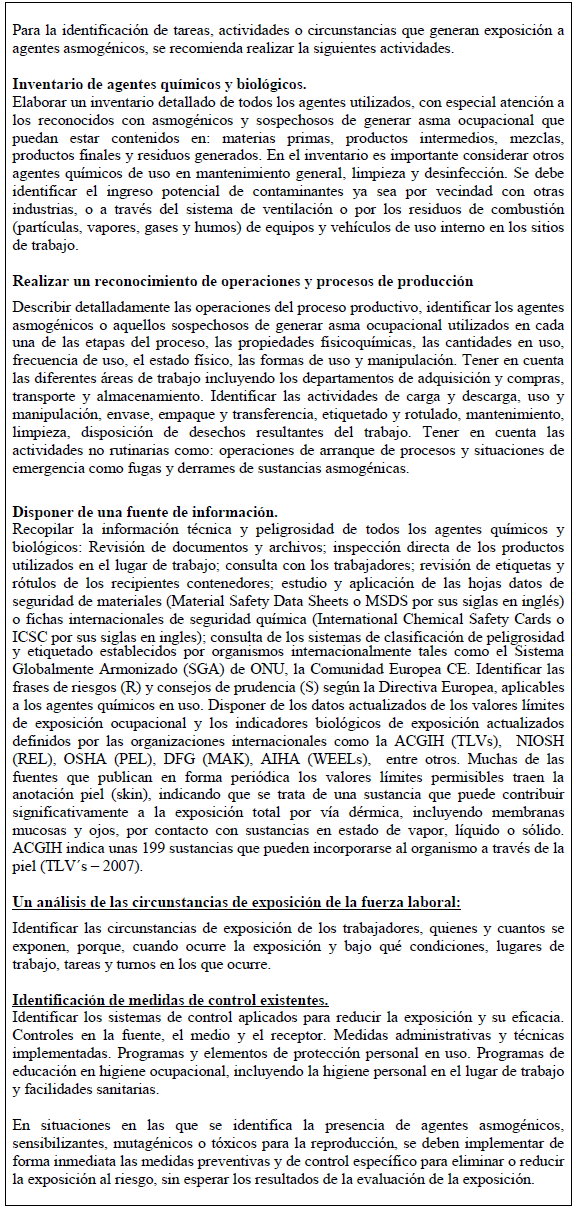 Tareas o actividades mínimas para agentes asmogénicos