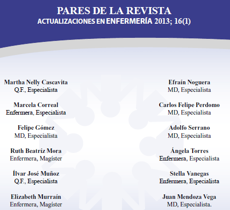 Pares de Actualizaciones en enfermería 2013 Volumen 16 No. 1 Pares de Actualizaciones en enfermería 2013 Volumen 16 No. 1