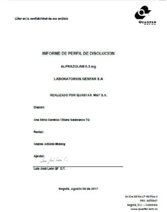 Alprazolam: Informe de Perfil Comparativo de Disolución Alprazolam: Informe de Perfil Comparativo de Disolución