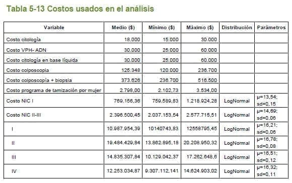 Costos usados en el análisis - Citología