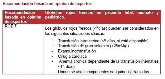 Glóbulos rojos frescos en paciente fetal, neonato y pediátrico