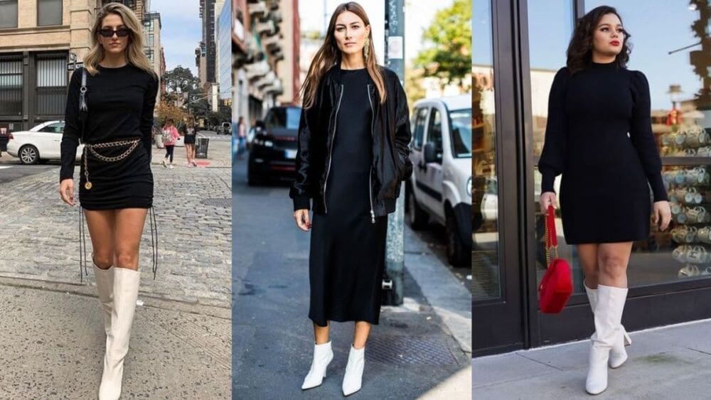 Looks de color oscuro con botas blancas