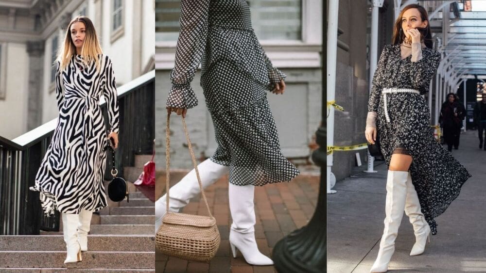 Looks de estampados con botas blancas