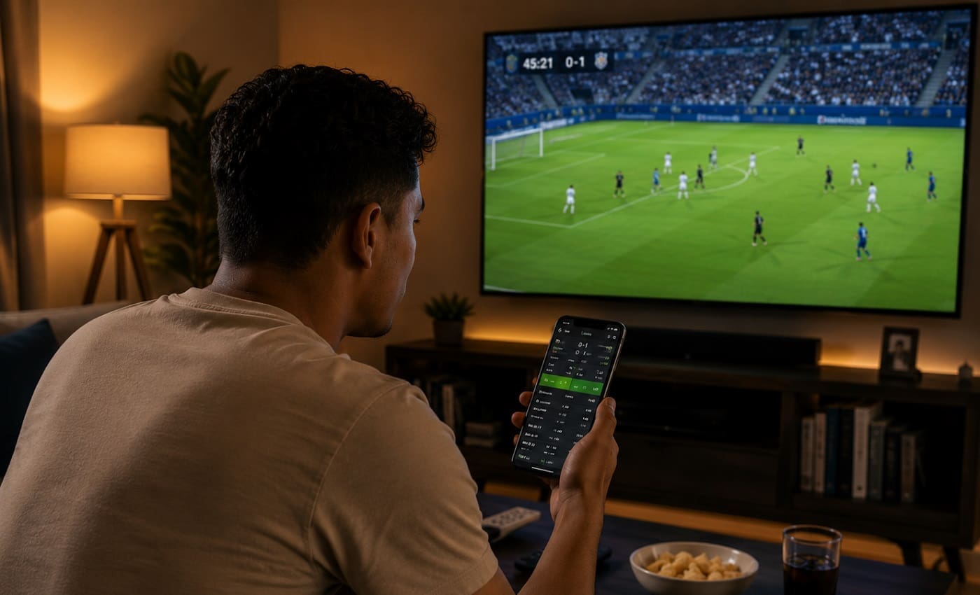 Persona siguiendo partido de fútbol desde casa con estadísticas y entretenimiento online en móvil